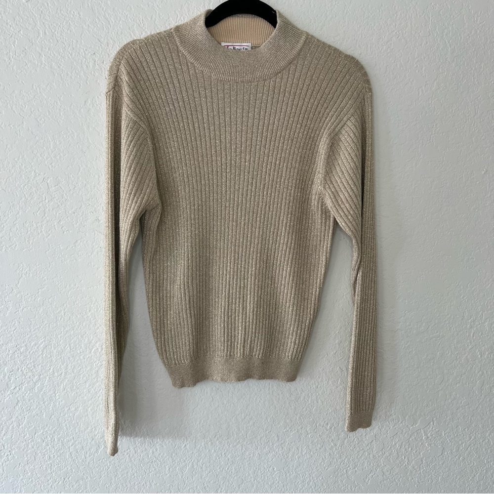 VTG Talbots Women’s Large Metallic Gold Cotton Blend Cable Knit‎ Sweater Shimmer
